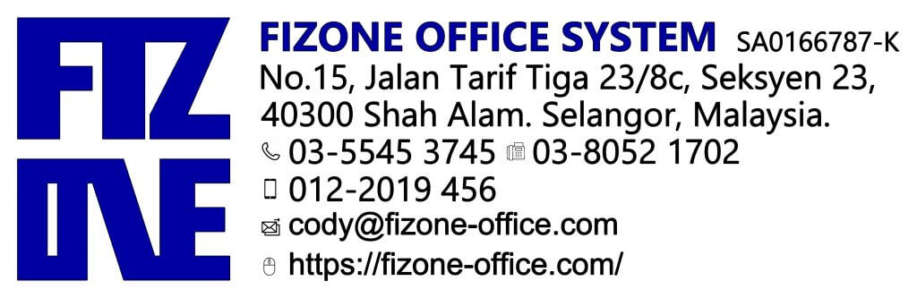 FIZONE OFFICE SYSTEM company logo with registered business address, phone number, and email contact