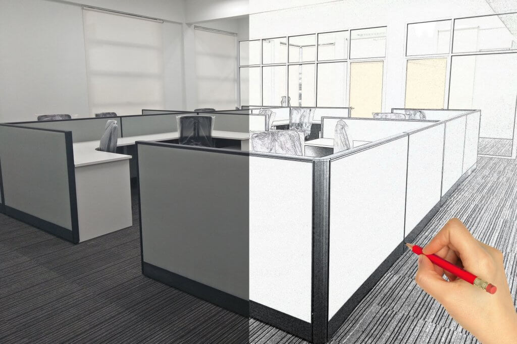 Split view of an office design by FIZONE OFFICE SYSTEM showing half real interior and half pencil sketch concept