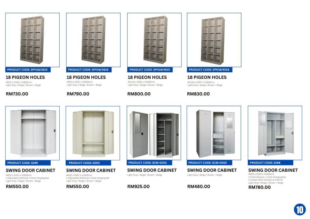 Steel office furniture set in Malaysia including cupboard, filing cabinet, mobile compactor, steel locker, pigeon holes, wardrobe, steel table, pedestal, and shoe rack by FIZONE OFFICE SYSTEM