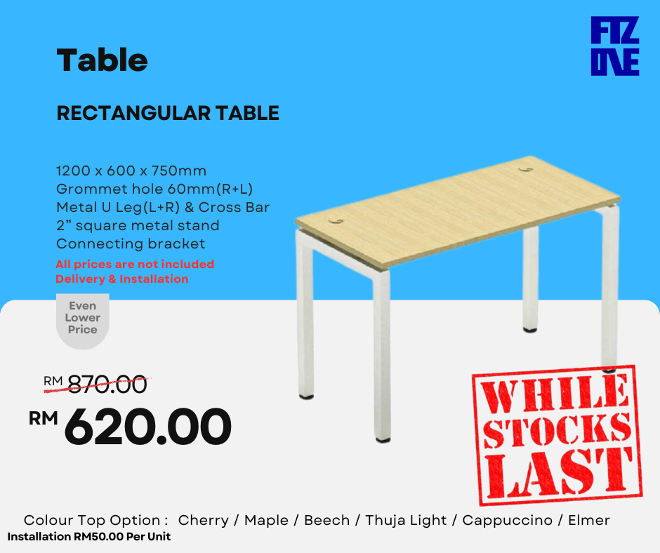 Office metal leg tables by FIZONE OFFICE SYSTEM in rectangular and L-shape models, shown in a promotional display