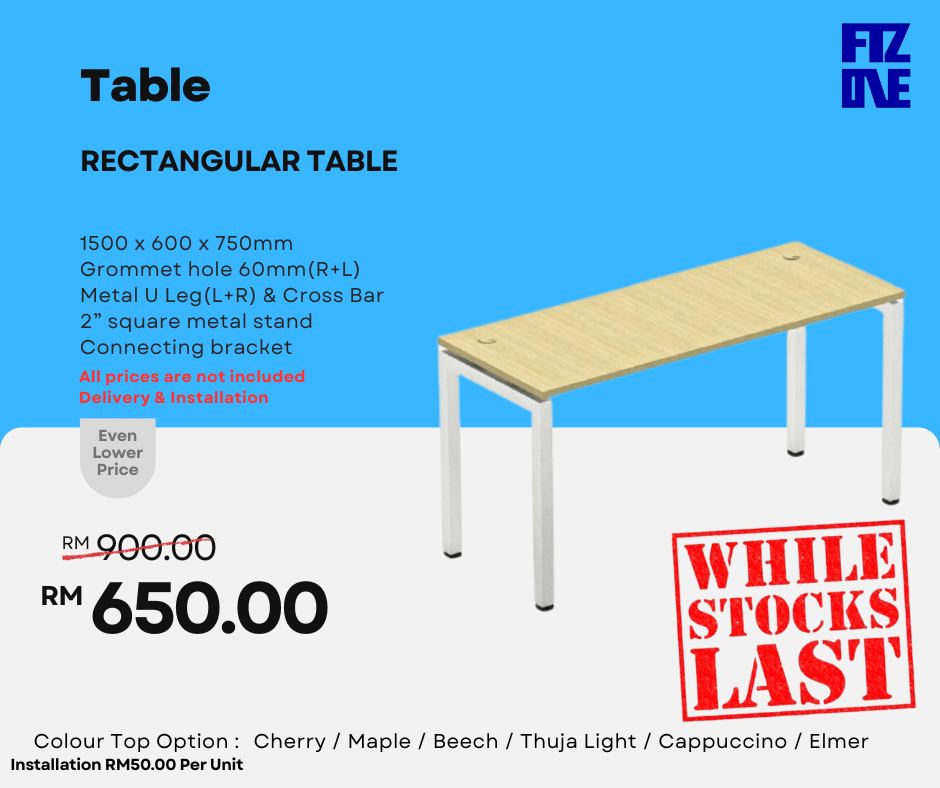 Office metal leg tables by FIZONE OFFICE SYSTEM in rectangular and L-shape models, shown in a promotional display