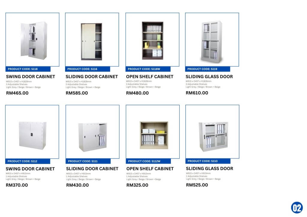 Steel office furniture set in Malaysia including cupboard, filing cabinet, mobile compactor, steel locker, pigeon holes, wardrobe, steel table, pedestal, and shoe rack by FIZONE OFFICE SYSTEM