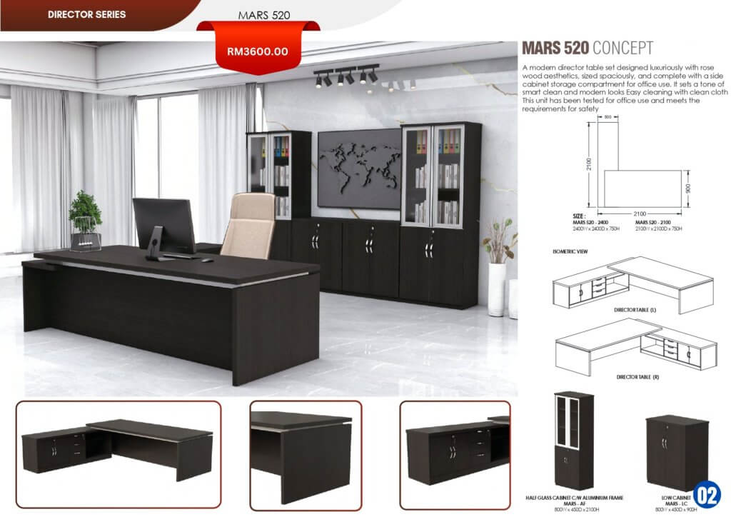 Executive director tables by FIZONE OFFICE SYSTEM featuring premium wood panels, side cabinets, and L-shape configurations for management offices in Malaysia