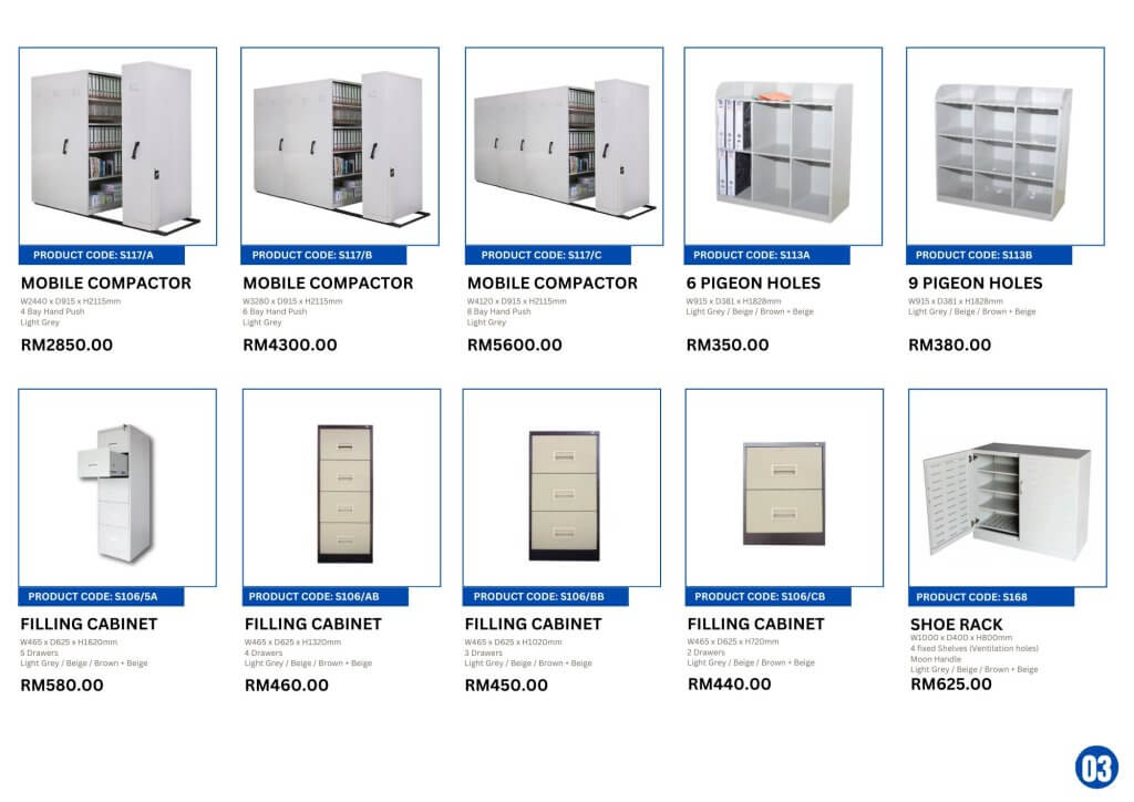 Steel office furniture set in Malaysia including cupboard, filing cabinet, mobile compactor, steel locker, pigeon holes, wardrobe, steel table, pedestal, and shoe rack by FIZONE OFFICE SYSTEM