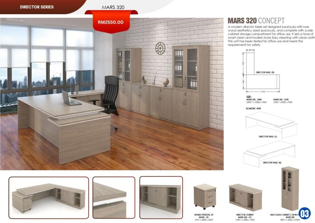 Executive director tables by FIZONE OFFICE SYSTEM featuring premium wood panels, side cabinets, and L-shape configurations for management offices in Malaysia
