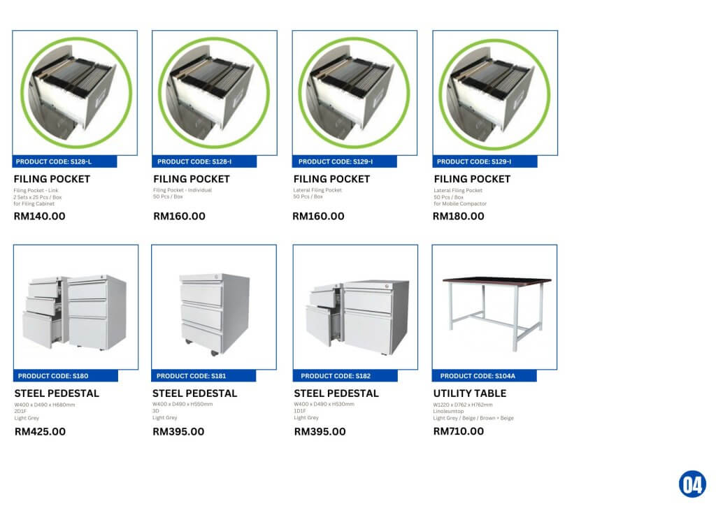 Steel office furniture set in Malaysia including cupboard, filing cabinet, mobile compactor, steel locker, pigeon holes, wardrobe, steel table, pedestal, and shoe rack by FIZONE OFFICE SYSTEM