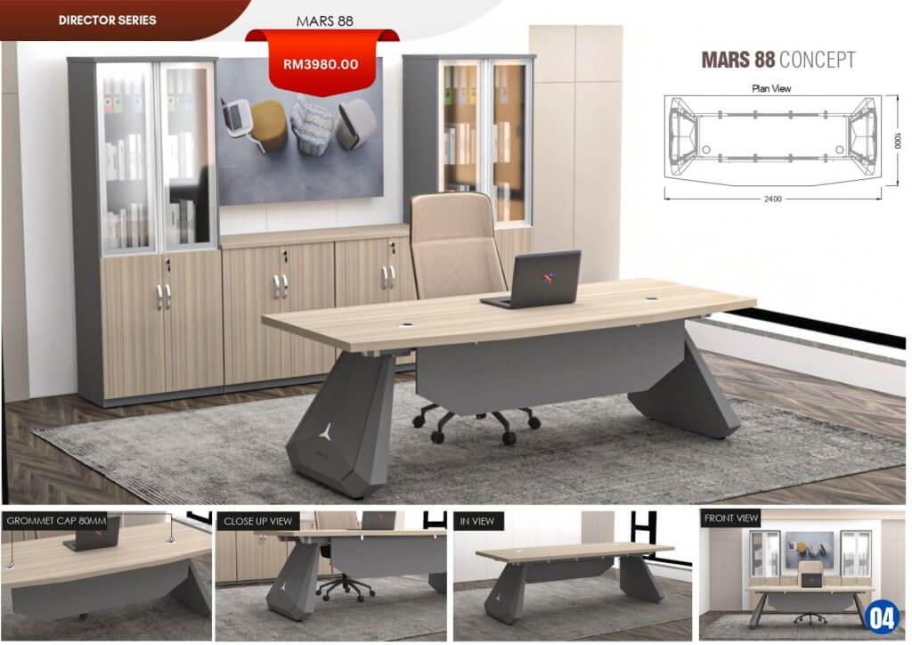 Executive director tables by FIZONE OFFICE SYSTEM featuring premium wood panels, side cabinets, and L-shape configurations for management offices in Malaysia