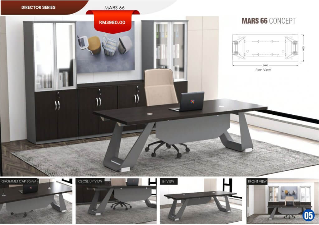 Executive director tables by FIZONE OFFICE SYSTEM featuring premium wood panels, side cabinets, and L-shape configurations for management offices in Malaysia