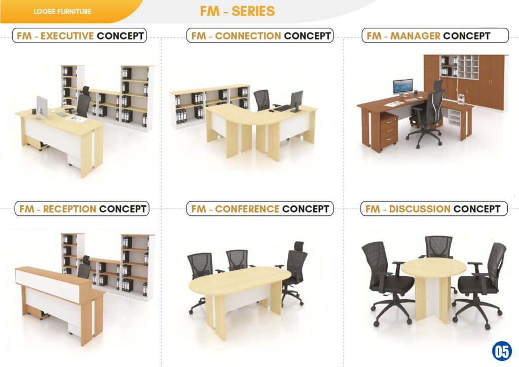 FIZONE OFFICE SYSTEM FO & FM Series with wood-panel office desks, L-shape tables, conference tables, and reception counters