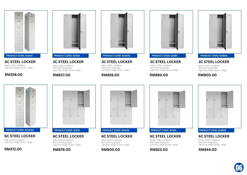 Steel office furniture set in Malaysia including cupboard, filing cabinet, mobile compactor, steel locker, pigeon holes, wardrobe, steel table, pedestal, and shoe rack by FIZONE OFFICE SYSTEM