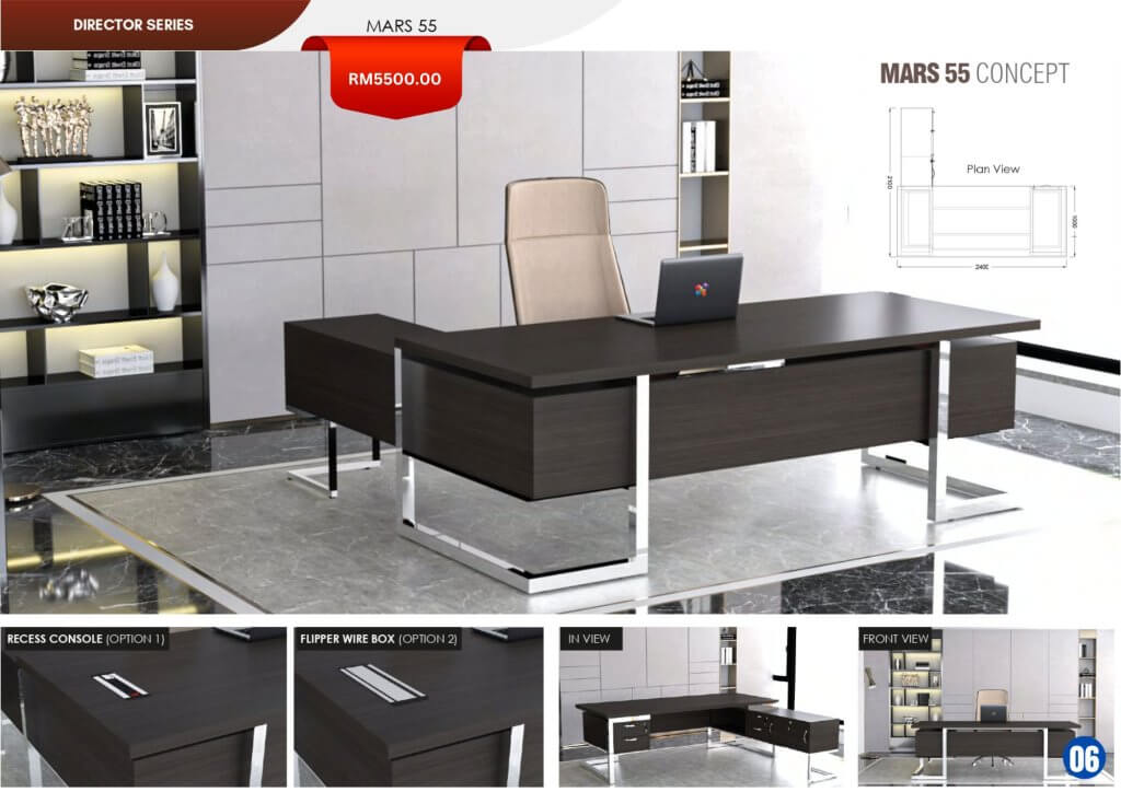 Executive director tables by FIZONE OFFICE SYSTEM featuring premium wood panels, side cabinets, and L-shape configurations for management offices in Malaysia