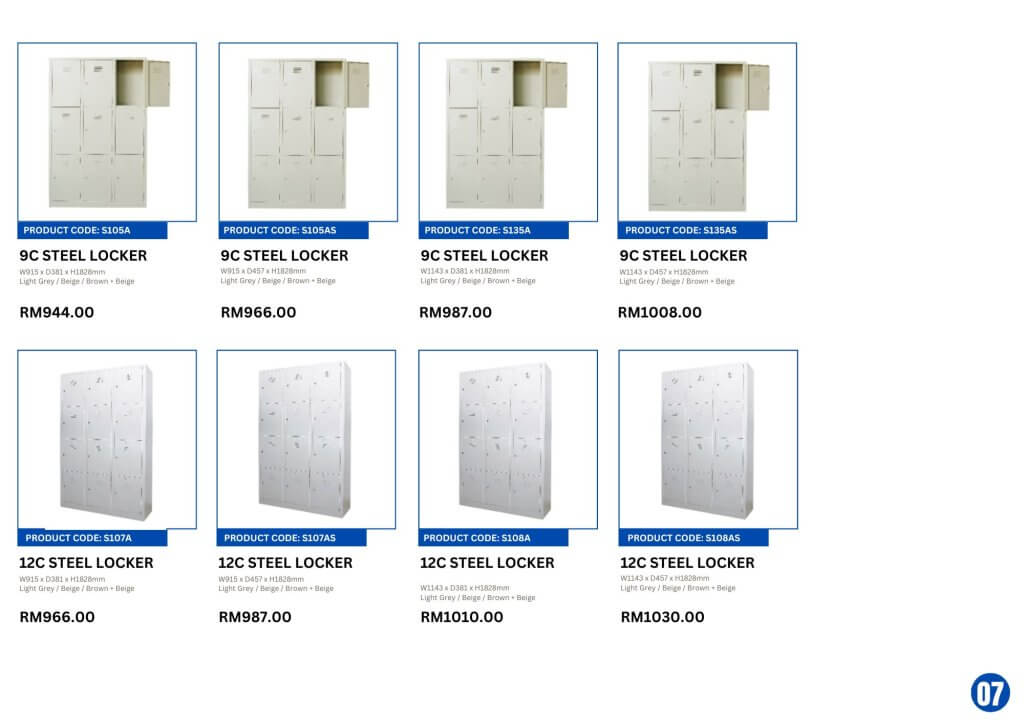 Steel office furniture set in Malaysia including cupboard, filing cabinet, mobile compactor, steel locker, pigeon holes, wardrobe, steel table, pedestal, and shoe rack by FIZONE OFFICE SYSTEM