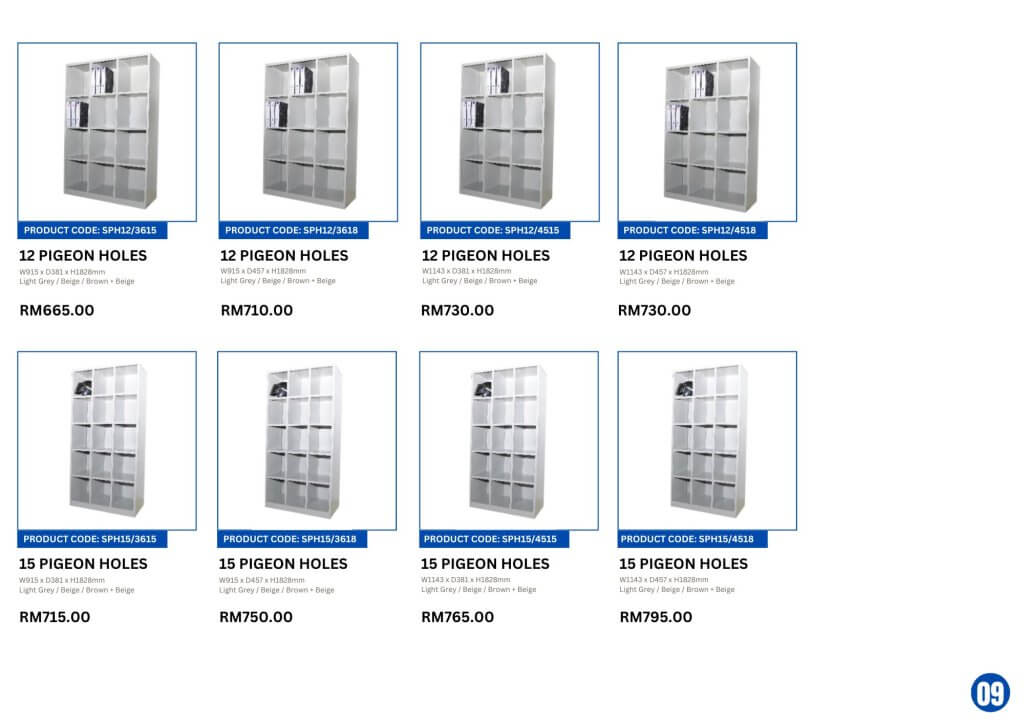 Steel office furniture set in Malaysia including cupboard, filing cabinet, mobile compactor, steel locker, pigeon holes, wardrobe, steel table, pedestal, and shoe rack by FIZONE OFFICE SYSTEM