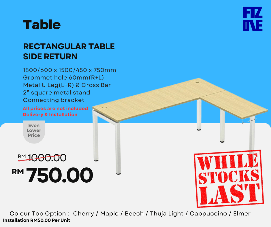 Office metal leg tables by FIZONE OFFICE SYSTEM in rectangular and L-shape models, shown in a promotional display